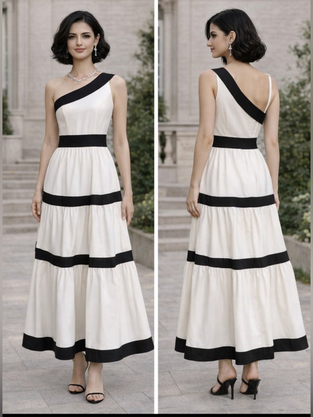 One-Shoulder Ivory Dress with Black Trim - Chic Tiered Maxi